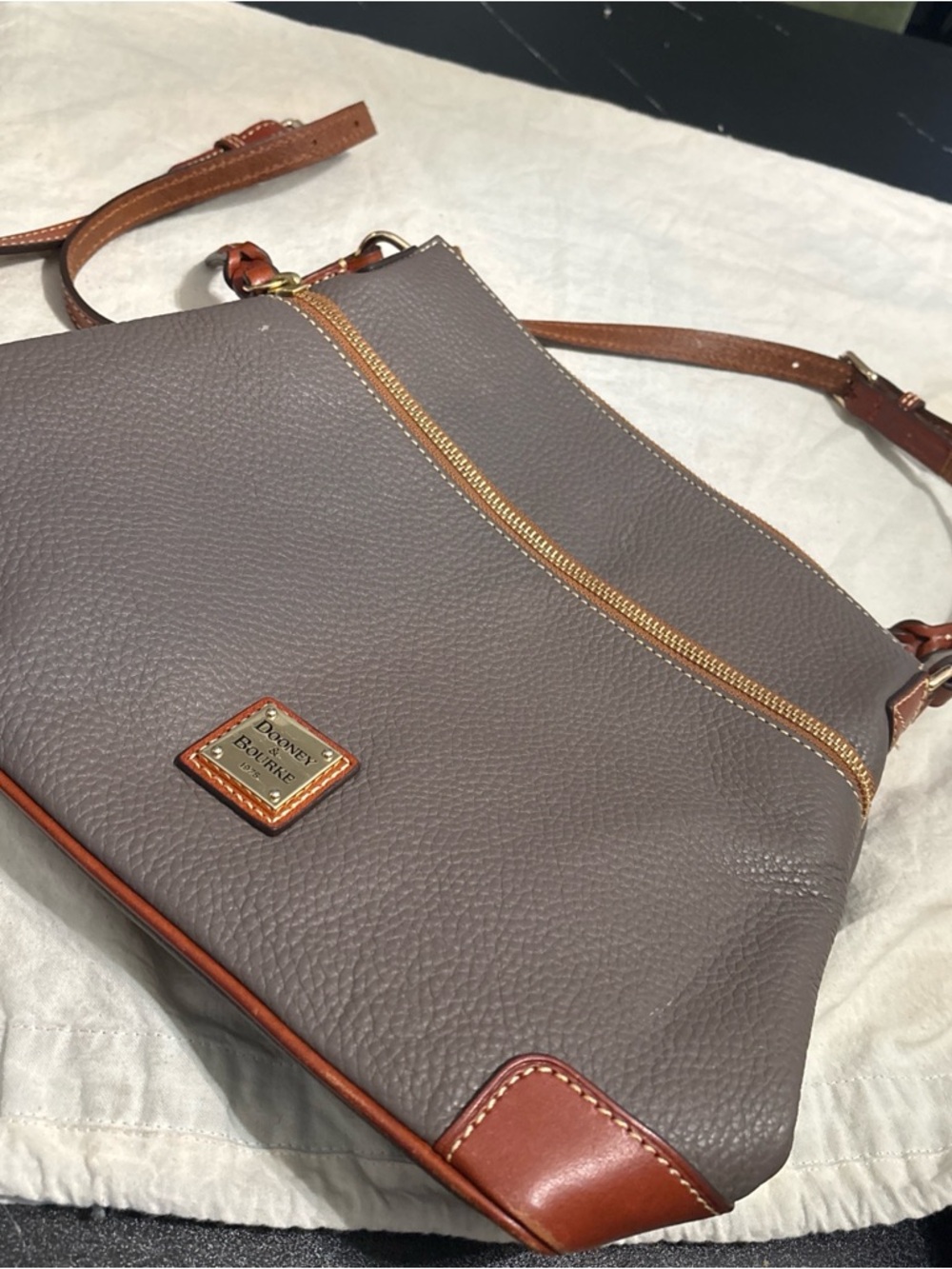Dooney & Bourke Gray Pebbled Leather Crossbody with Brown Trim